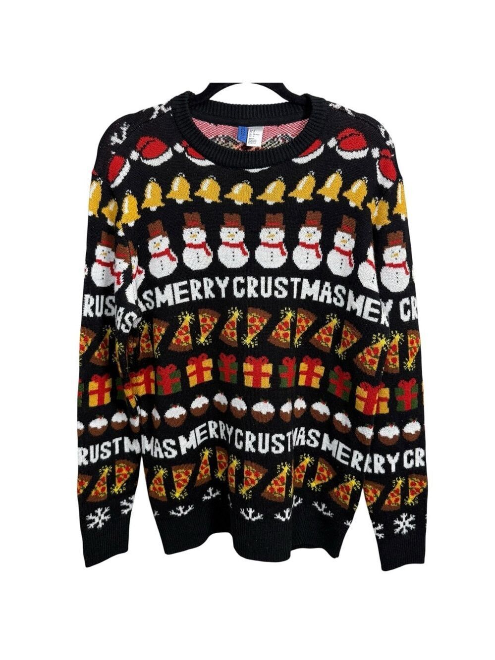 H&M Divided Black Christmas Sweater Medium Merry Crustmas Pizza Snowman Santa